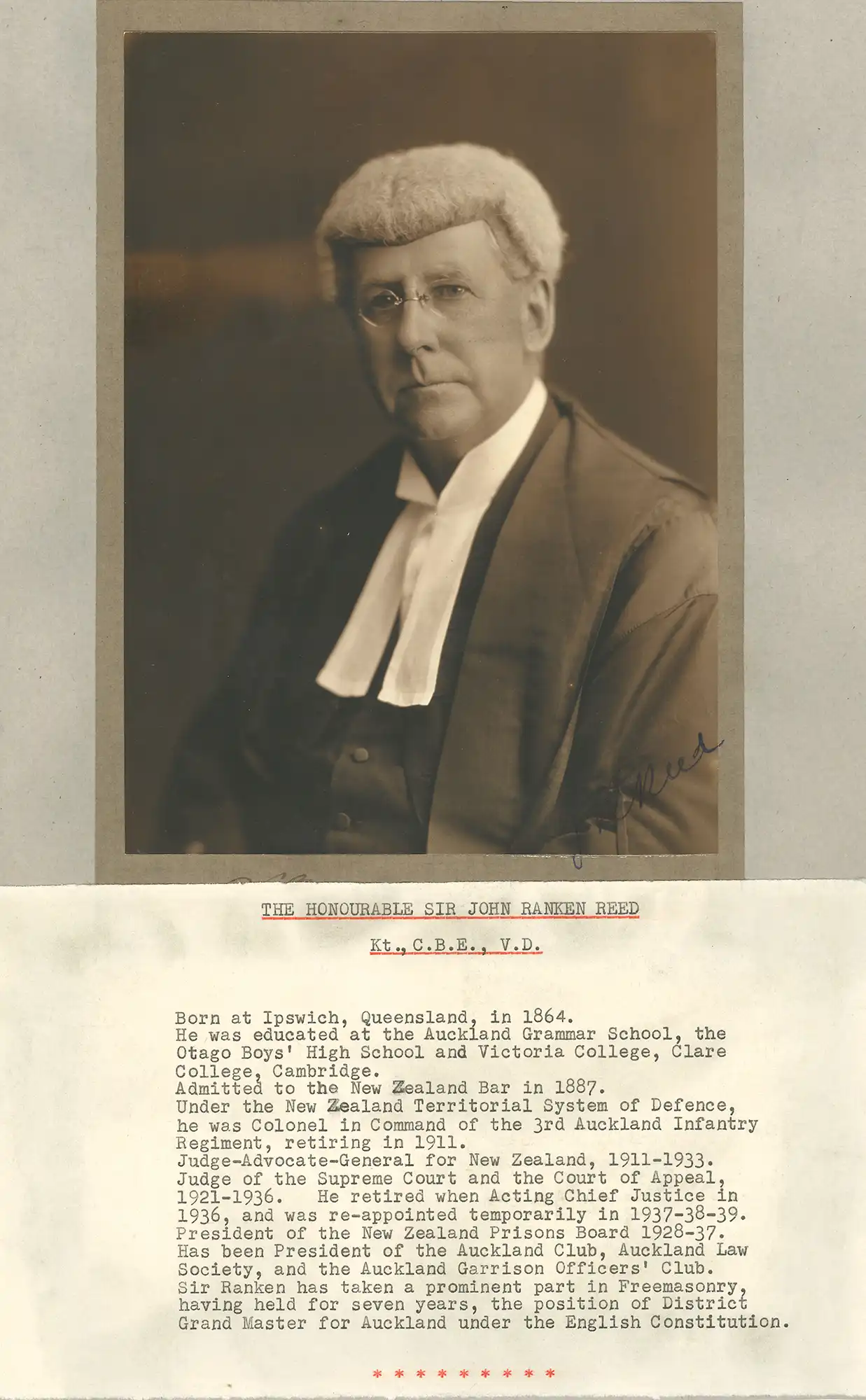The Honourable Sir John Rankin Reed (1864-1955). Portrait photograph and typed biography.