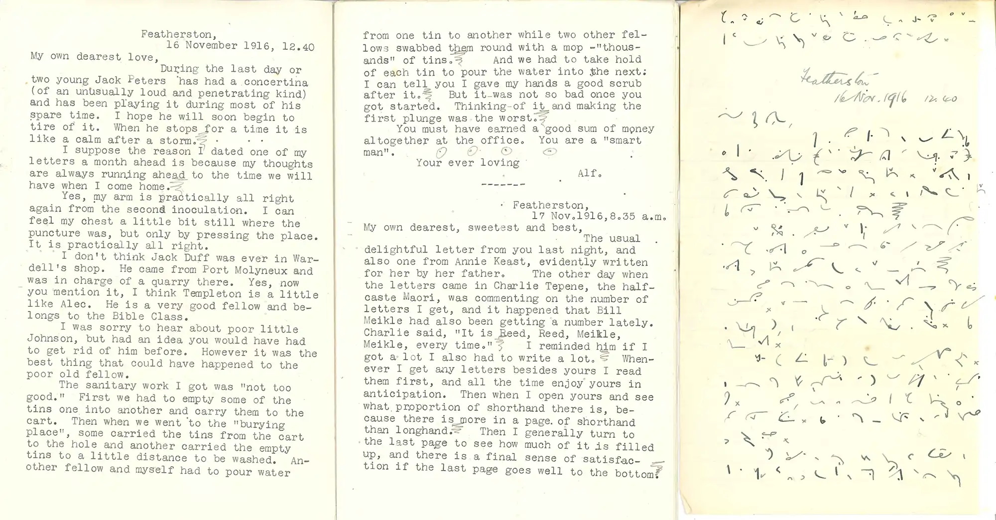 Letter in Pitman shorthand from Alfred to Isabel Reed, dated 16 November 1916; with transcript.