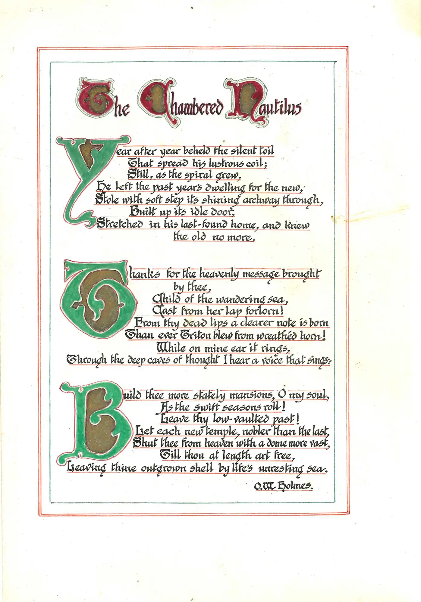 Calligraphic piece by A.H. Reed featuring The chambered nautilus by Oliver Wendell Holmes, ca. 1920s.