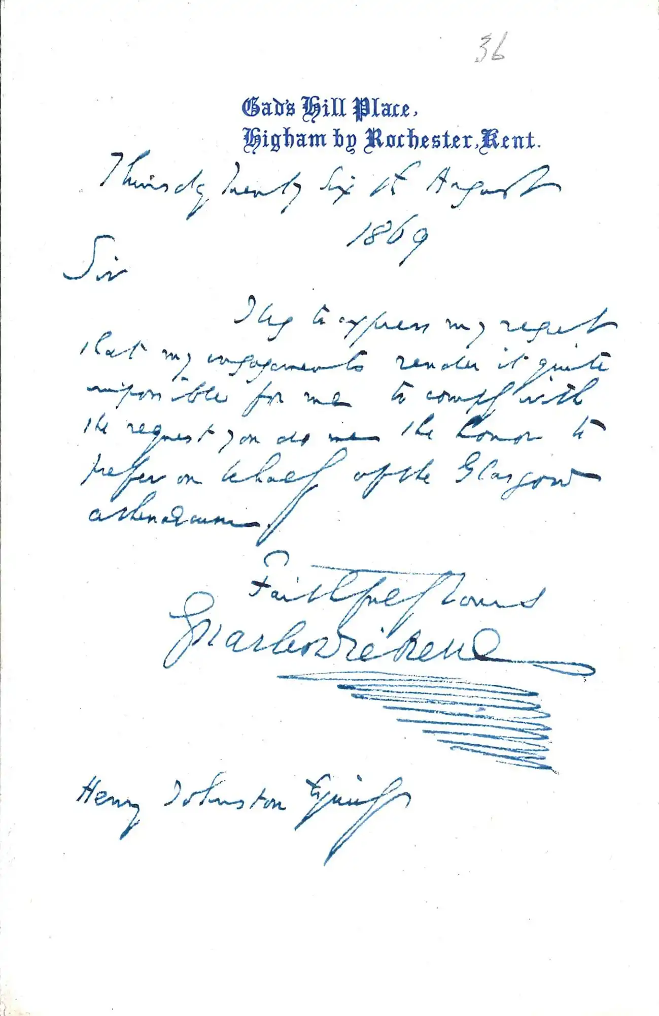Letter, Charles Dickens to Henry Johnston, Gads Hill Place, Higham, Kent, 26 August 1869.