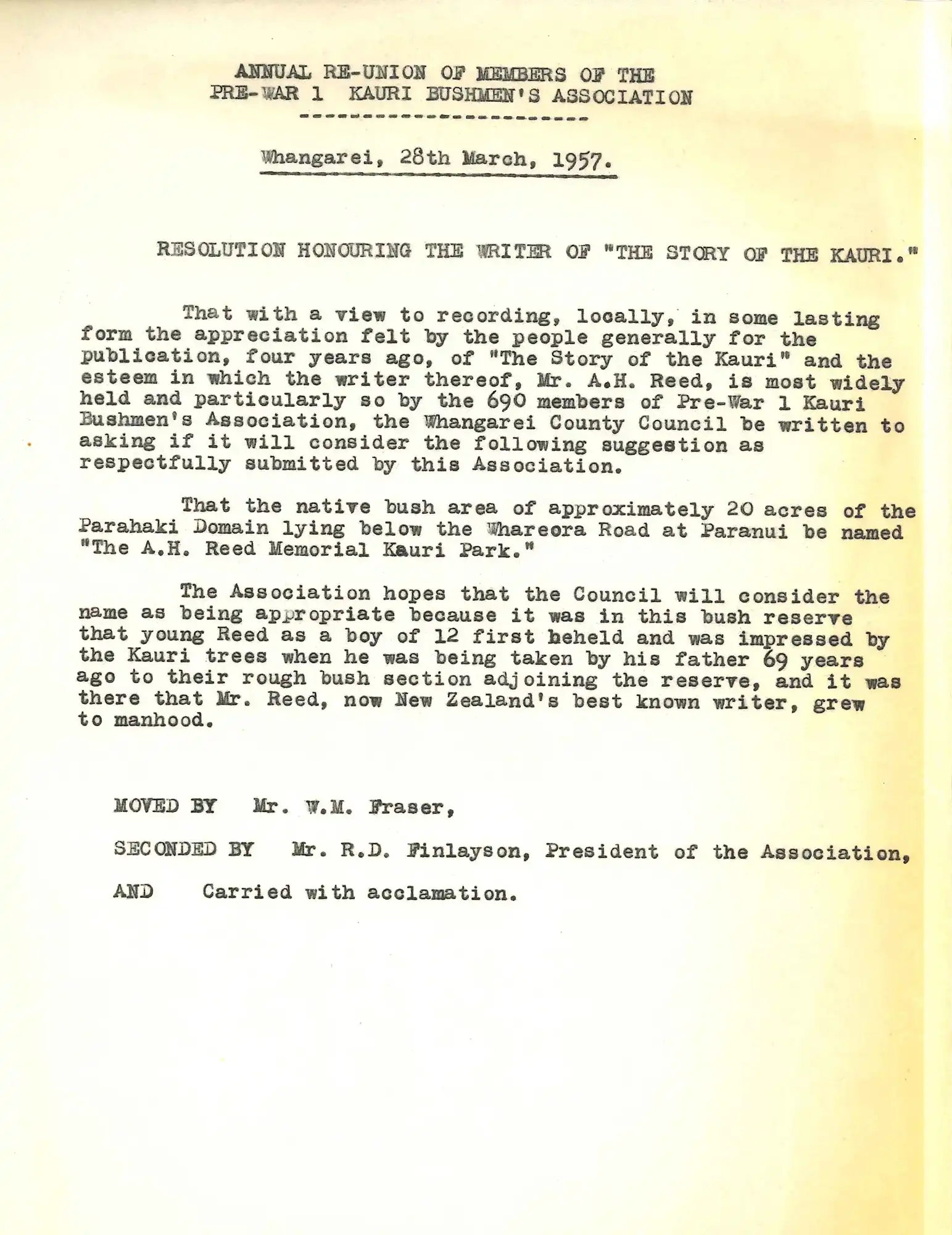 Letter, W.M. Fraser, Whangarei to A.H. Reed, 28 March 1957 re: naming of kauri park after Reed.