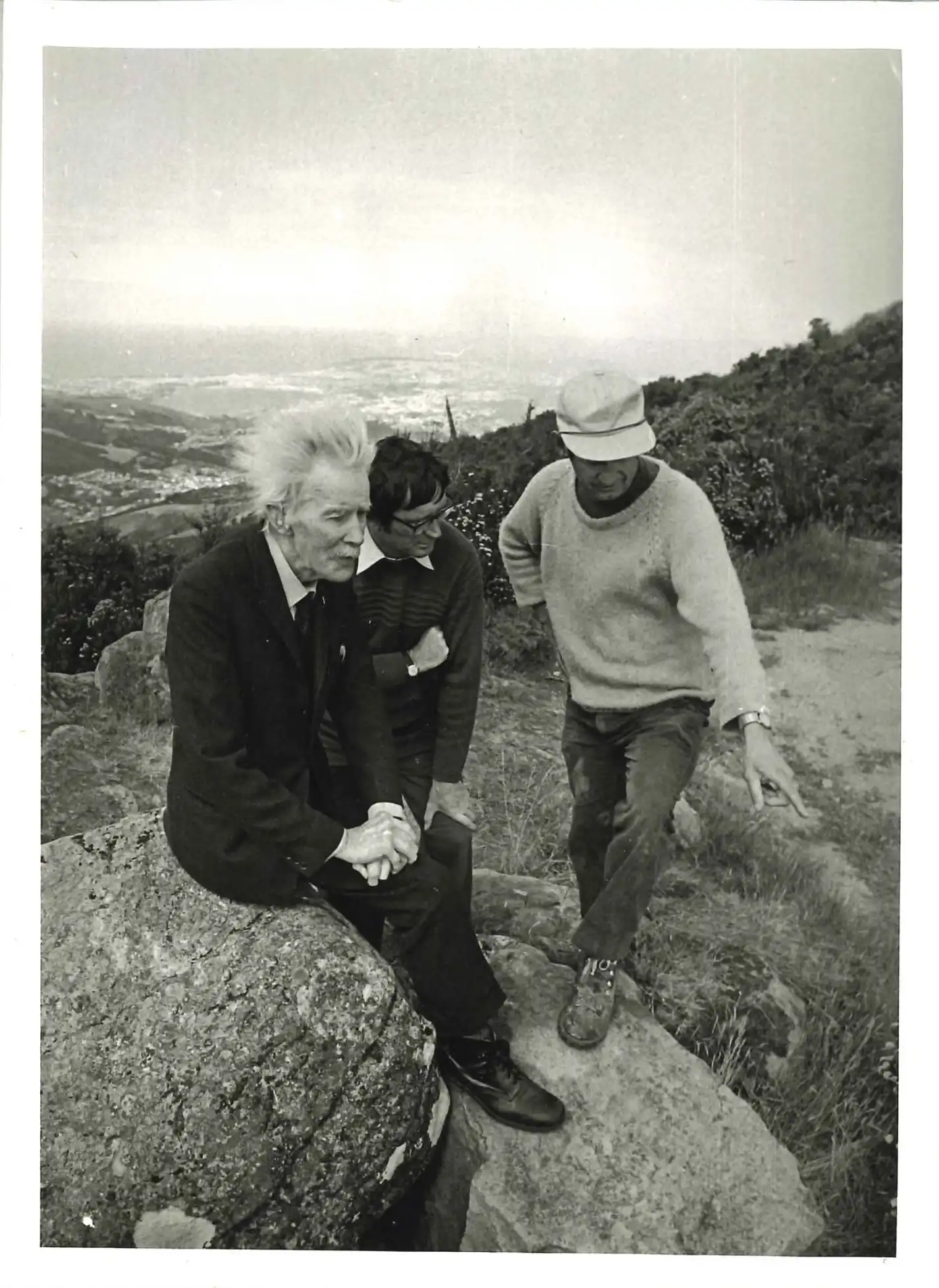 Photograph of A.H. Reed on top of Mt. Cargill with Lions Club members working on the A.H. Reed Track, 1973.