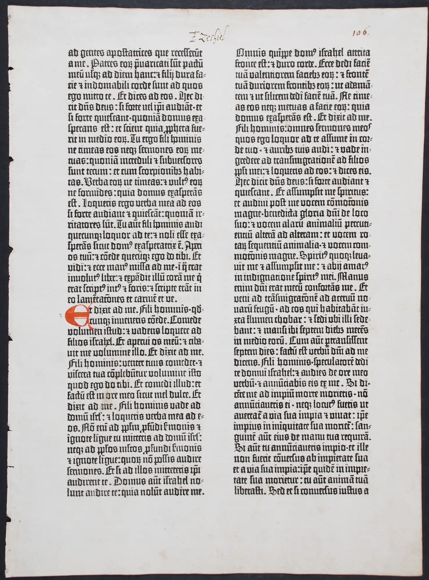Bible. Latin Vulgate. Mainz: Johann Gutenberg, ca. 1455. Single leaf. Part of Ezekiel 2:3-4:17.