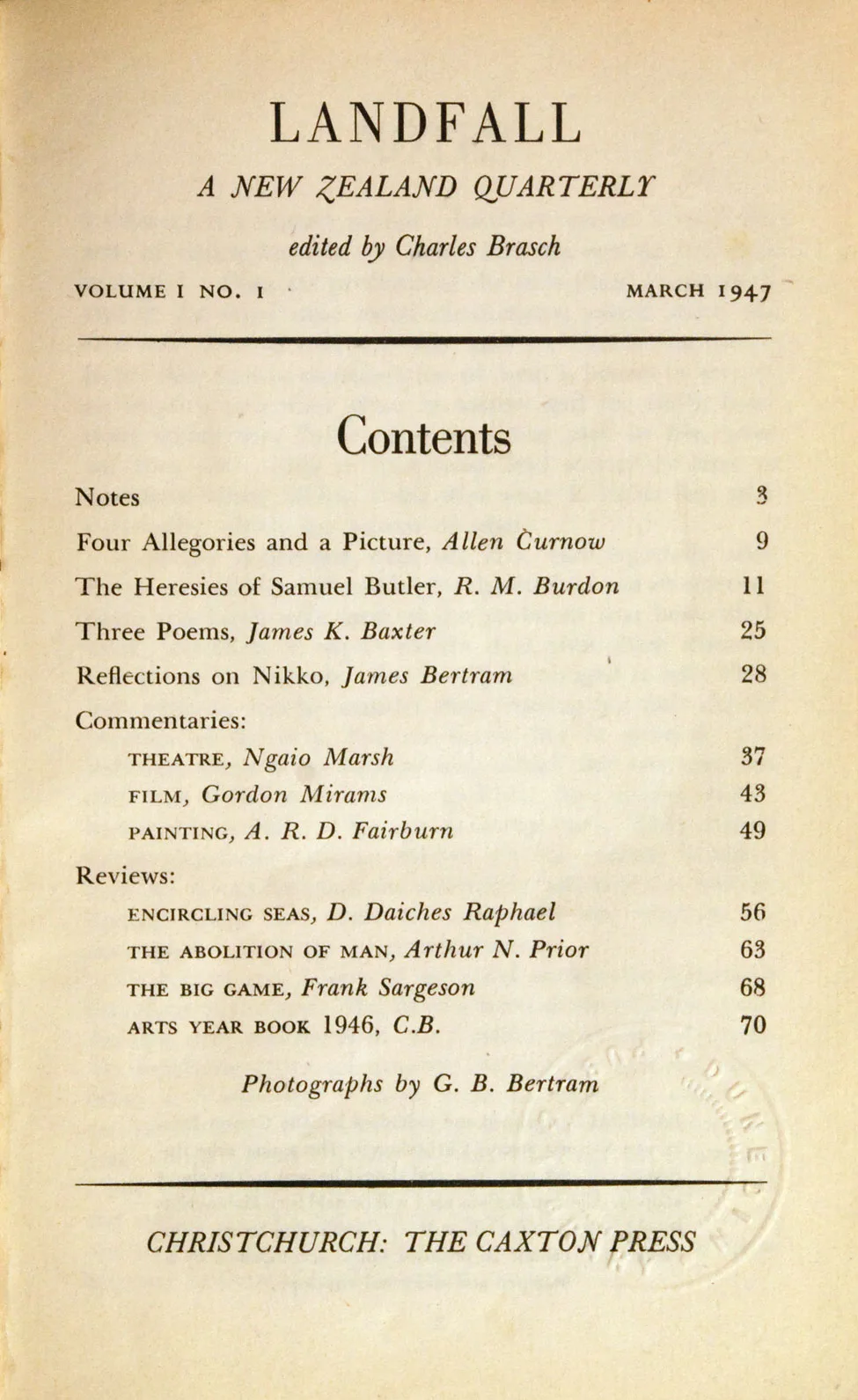 Charles Brasch (ed.). Landfall: A New Zealand Quarterly, Vol. 1 No. 1. <i>Christchurch: The Caxton Press, March 1947.</i>