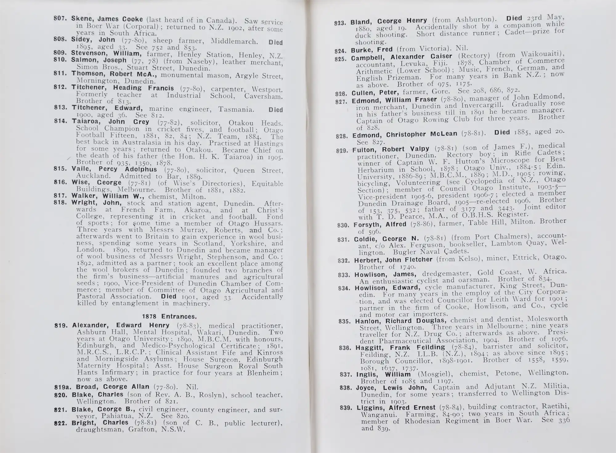 T.D. Pearce and Robert V. Fulton (eds.). Otago High School Old Boys' Register. Dunedin: Otago Daily Times and Witness Newspapers, 1907.