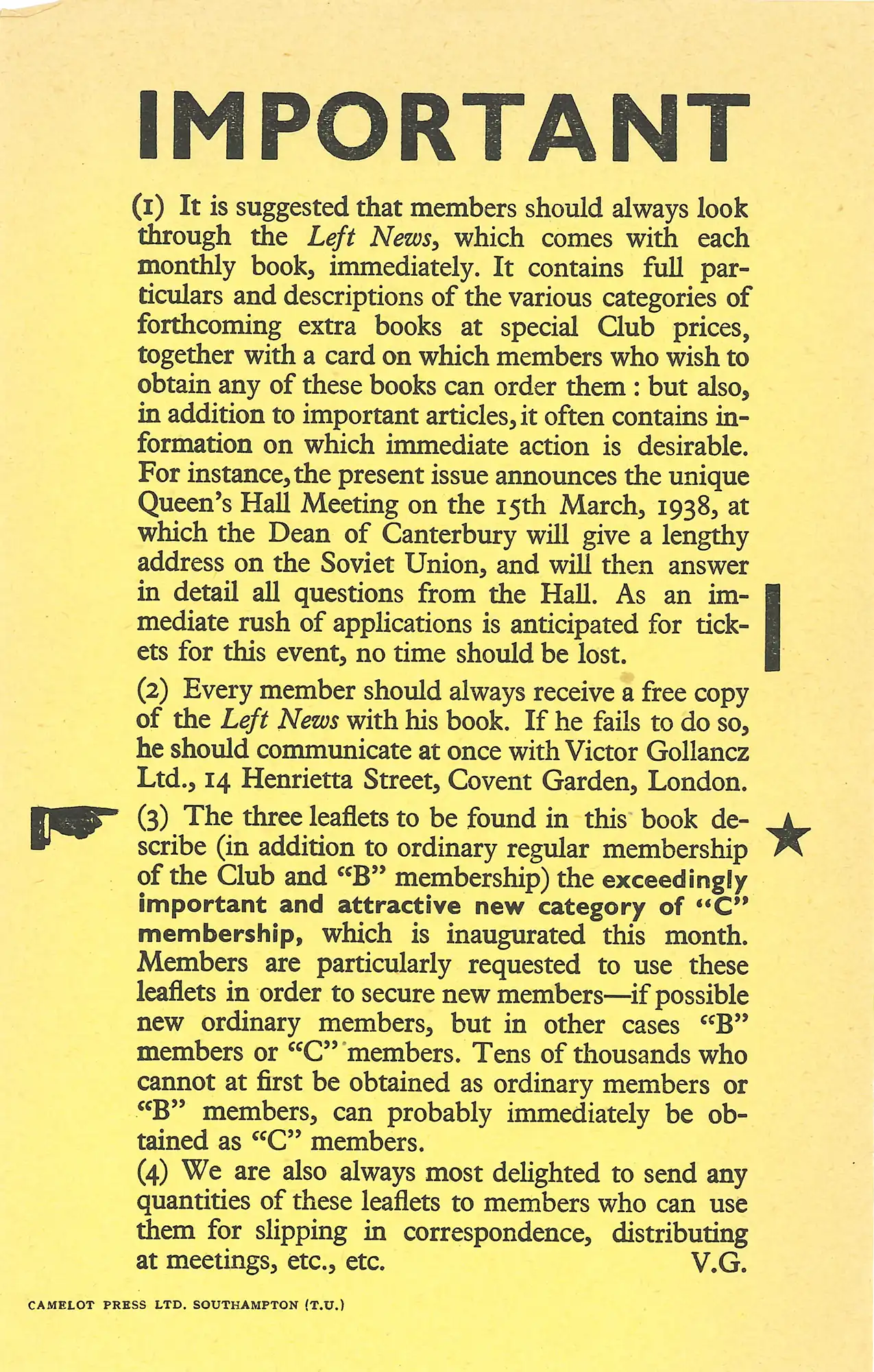 Victor Gollancz, ‘Important’ leaflet. Southampton: Camelot Press Ltd, c. March 1938