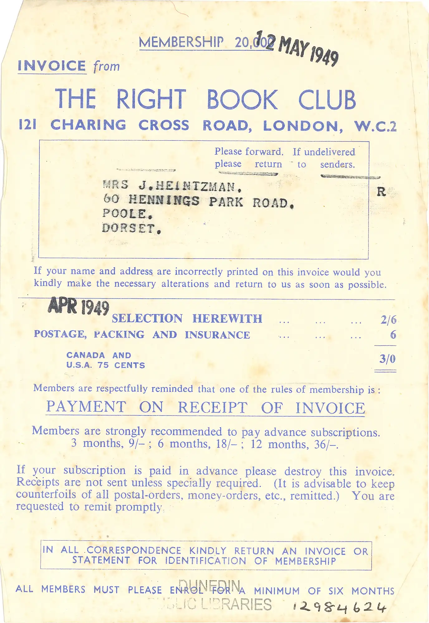 Invoice from The Right Book Club, April 1949 