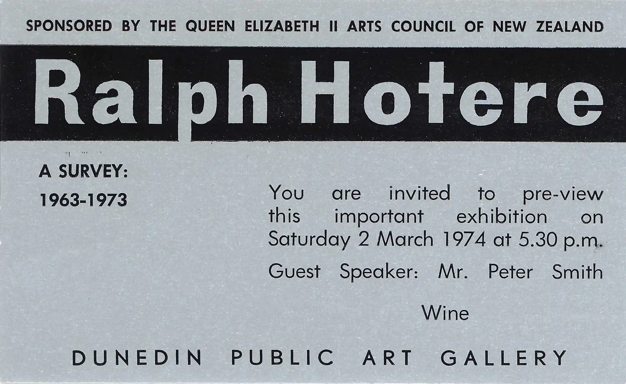 Ralph Hotere. A Survey: 1963-1973. March 1974, Dunedin Public Art Gallery, Dunedin