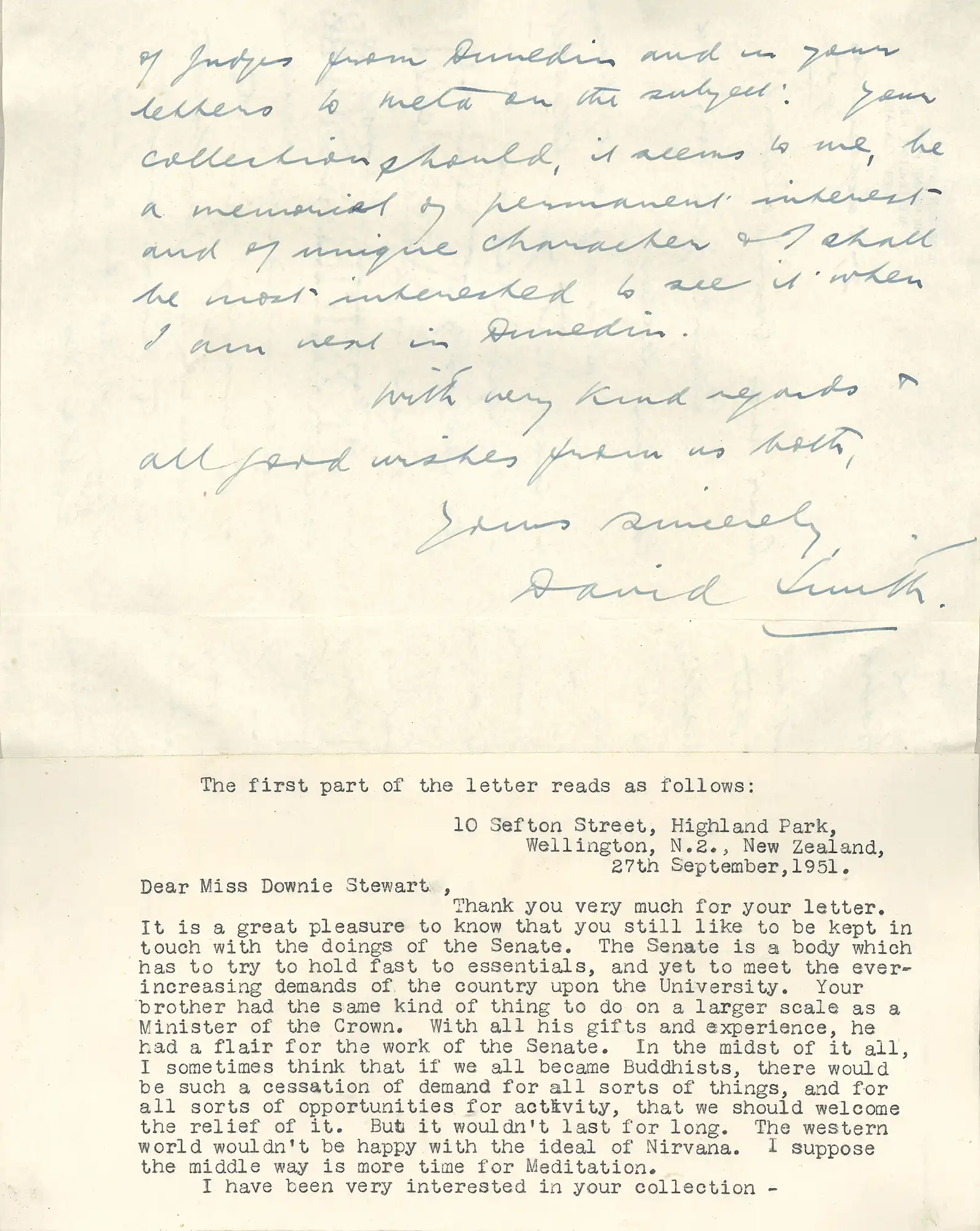 The Honourable Sir David Stanley Smith (1888-1982). Letter from Smith, 10 Sefton St, Highland Park, Wellington, to Mary Downie Stewart, 27 December 1951. 