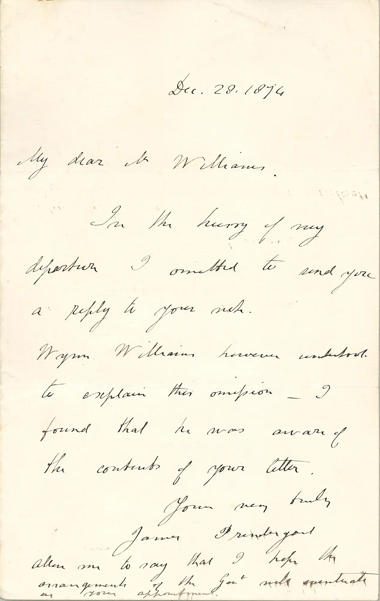 Chief Justice the Honourable Sir James Prendergast (1826-1921). letter from Prendergast to Mr Williams, 28 December 1874.