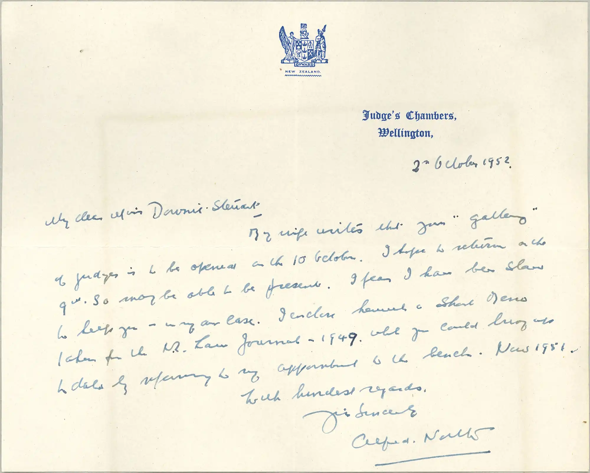 The Honourable Mr Justice Alfred Kingsley North (1900-1981). Letter from North, Judge’s Chambers, Wellington, to Mary Downie Stewart, 2 October 1952.