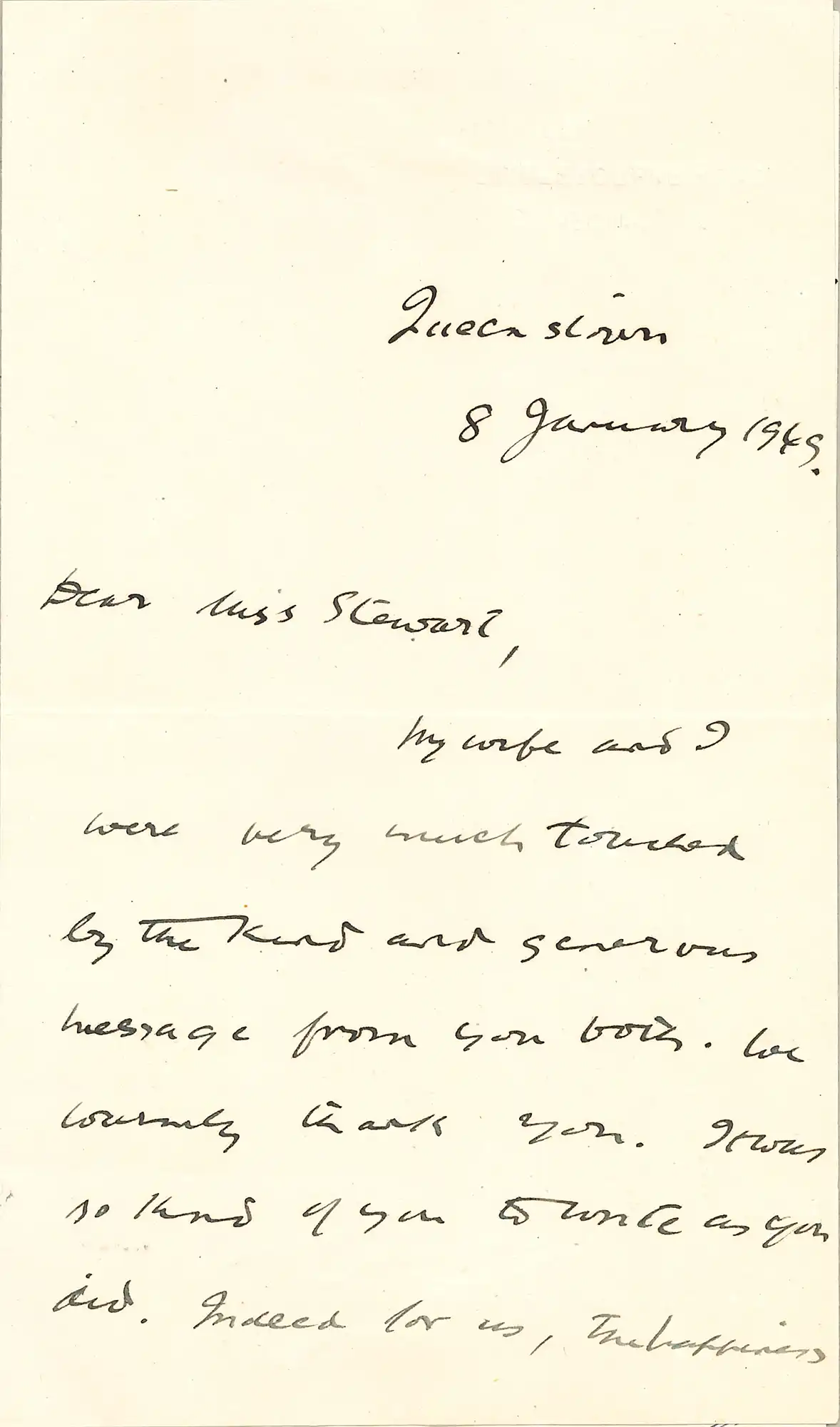 The Honourable Sir Robert Kennedy (1887-1974). Letter from Kennedy to Mary Downie Stewart, 8 January 1945. 