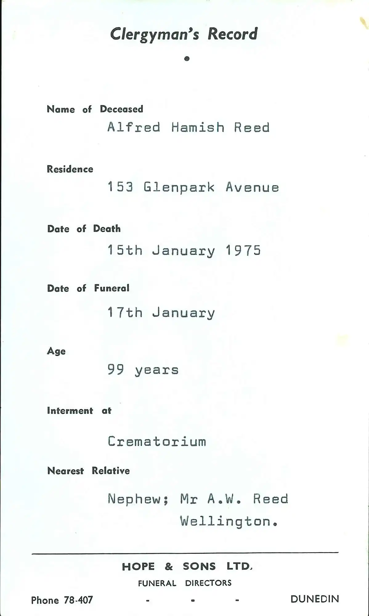 Clergyman’s record of Reed’s death, 1975.