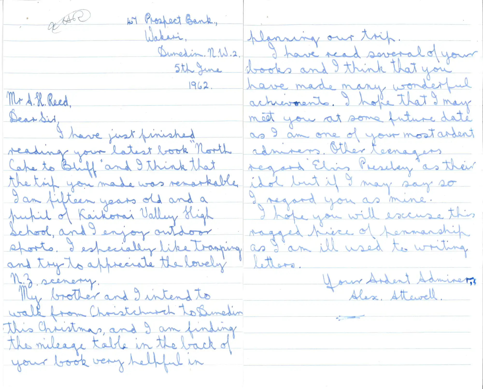 Letter, Alex Attewell, Dunedin to A.H. Reed, 5 June 1962 re: young correspondent considers Reed a more worthy hero than Elvis.