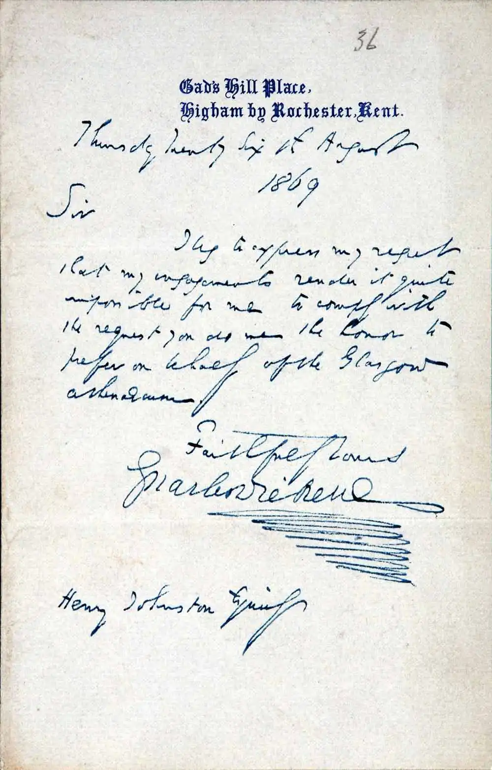 Letter. Charles Dickens to Henry Johnston, Gad’s Hill Place, Higham by Rochester, Kent, 26 August 1869
