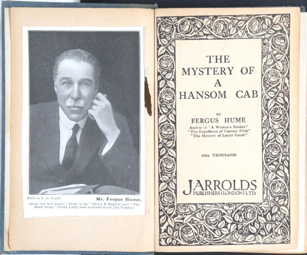 Fergus Hume. <em>The mystery of a Hansom cab.</em> London: Jarrolds, [1925]