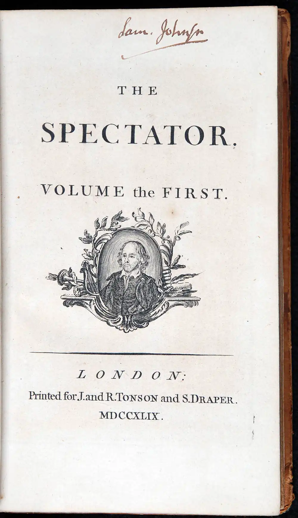 Joseph Addison and Richard Steele (editors). <em>The spectator</em>. London: Printed for J. and R. Tonson and S. Draper, 1749. Eight volumes; Vol. 1 displayed.