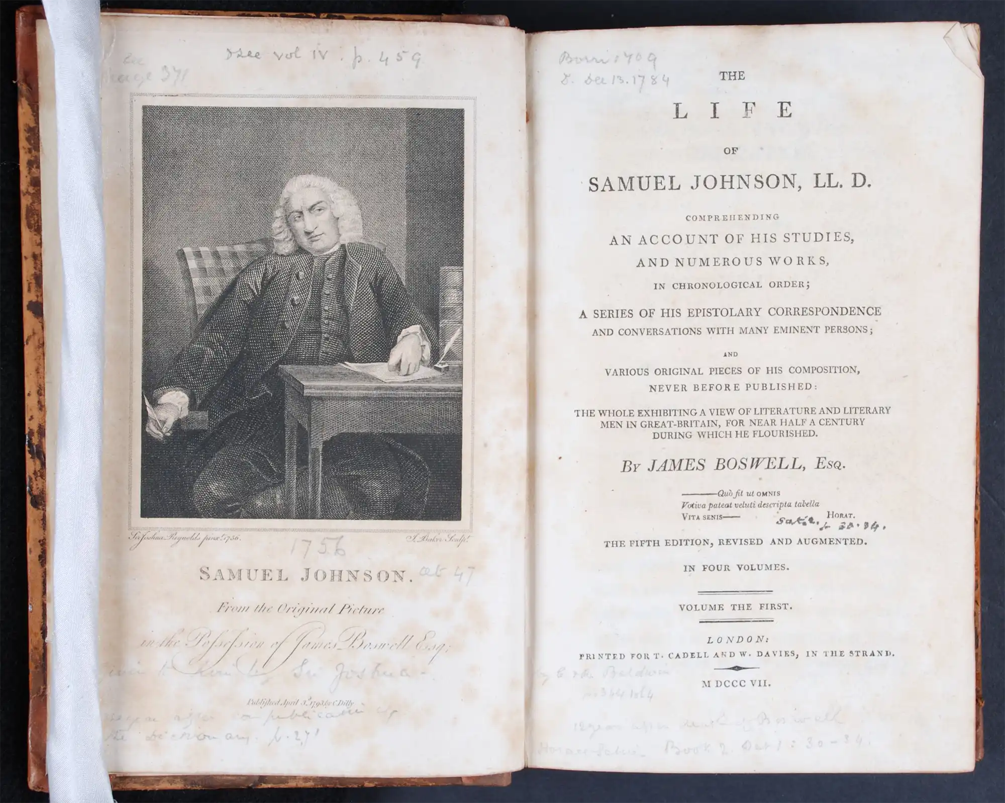 James Boswell. The life of Samuel Johnson, LL. D. 5th edition. London: Printed for T. Cadell and W. Davies, 1807. Four volumes; Vol. 1 displayed.